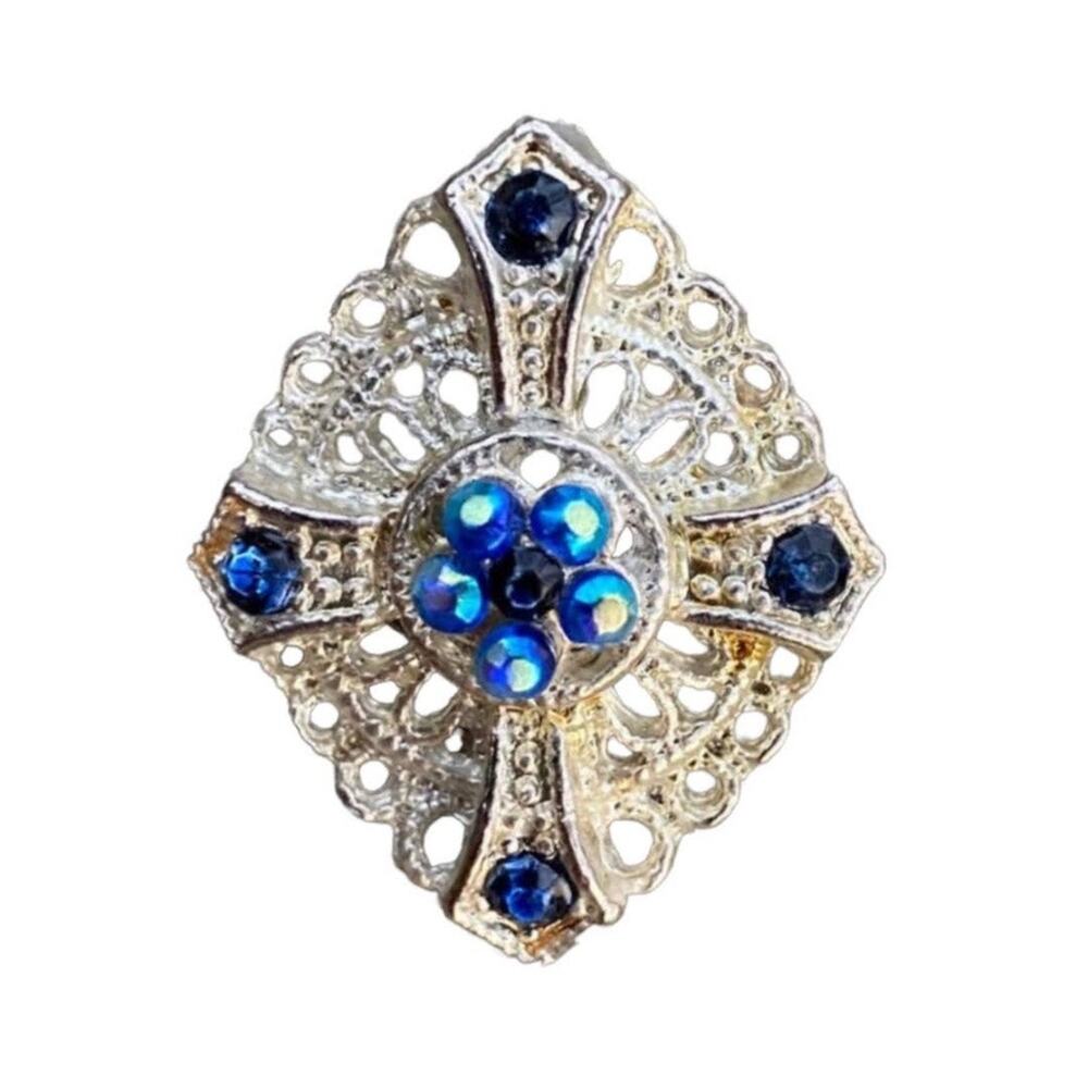 Ornate antiqued silver tone and blue accent post earrings